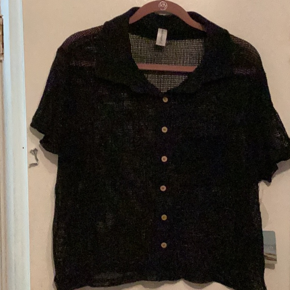 Black 2 Piece Mesh Button Down Swim Coverup with Notched Collar - Picture 2 of 16